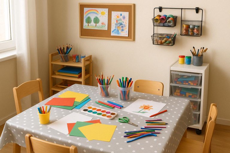 Home Goed georganiseerde creatieve knutselhoek voor kinderen met tafelzeil, opbergbakken en kleurrijke knutselmaterialen