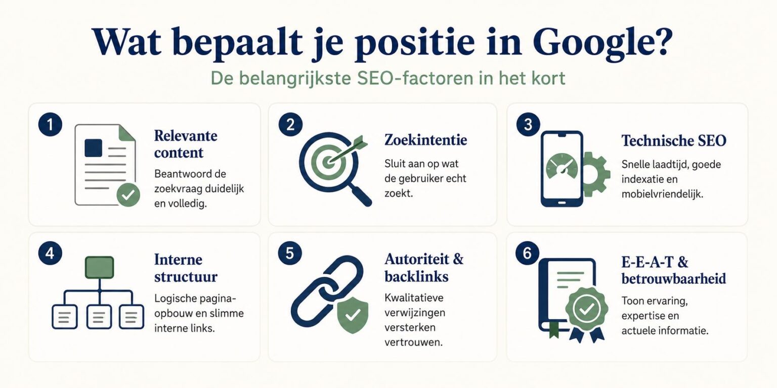 Infographic over SEO factoren die bepalen welke positie je website krijgt in Google zoekresultaten